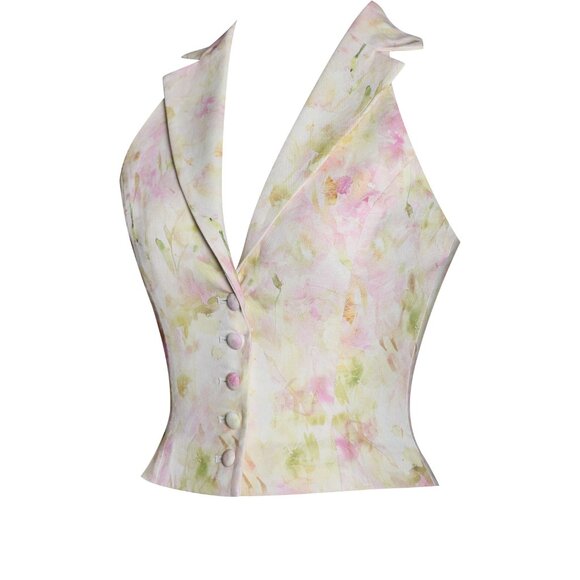 NWT Miss Circle Pink Floral Print Ruched Back Linen Suit Vest - Picture 7 of 17